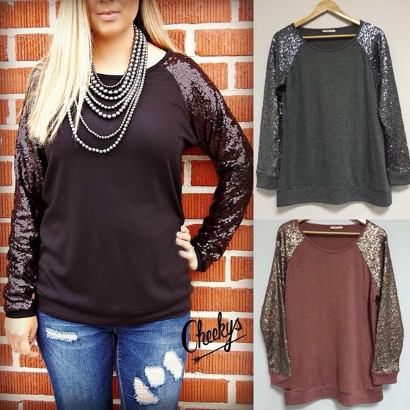 Cheekys Tops - Sequin Long Sleeve Knit Sweatshirt in Black